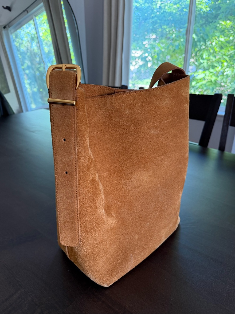 Madewell essential bucket tote in tan suede. Madewell suede tote.